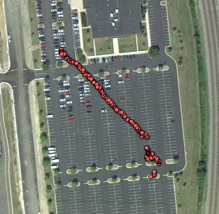 Run 2 - The Full Path as the GPS guided NXT Makes its way around obstacles in the parking lot. 