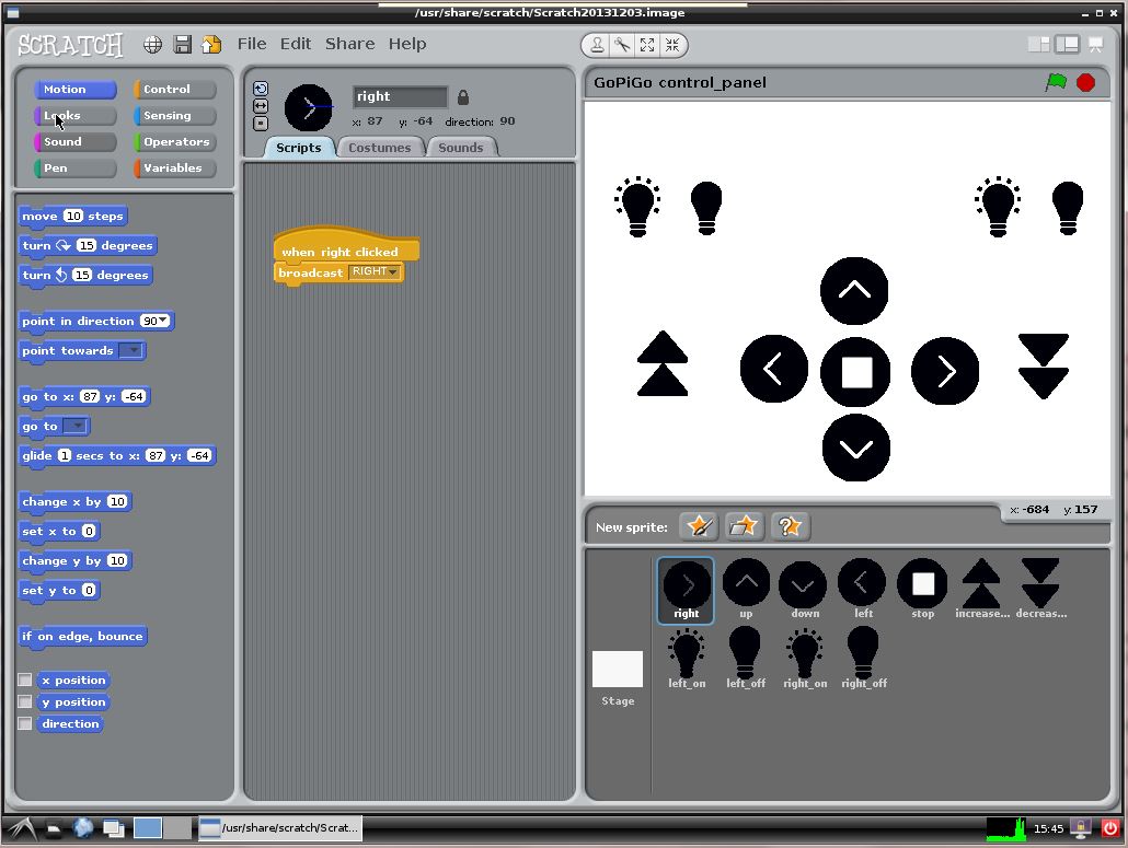 Control panel for controlling the GoPiGo