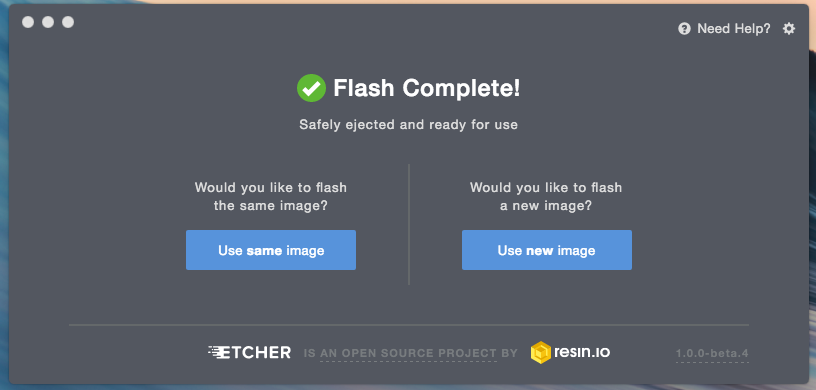 Etcher-finished installing the image on the raspberry pi sd card