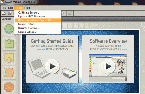 Step 4 for Installing 3rd Party LEGO MINDSTORMS Blocks: Open Install Export Import NXT-G Blocks