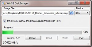 win32 disk imager with d drive selected for installing the raspberry pi image making progress
